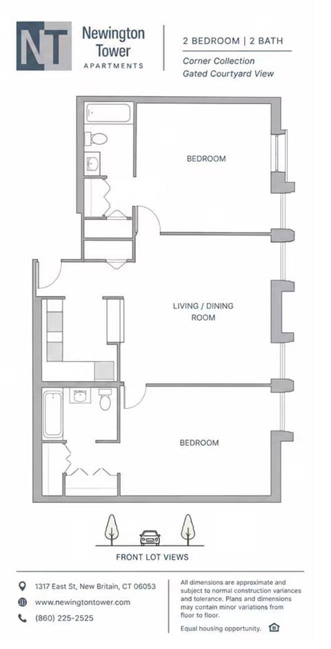Floor plan for 2 beds, 2 baths, 960 sqft